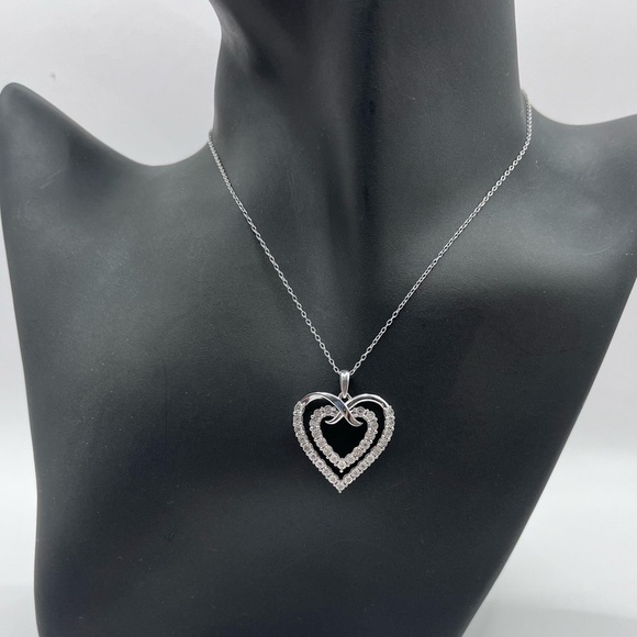 Natural Diamond Double Heart Silver Necklace - Picture 1 of 6